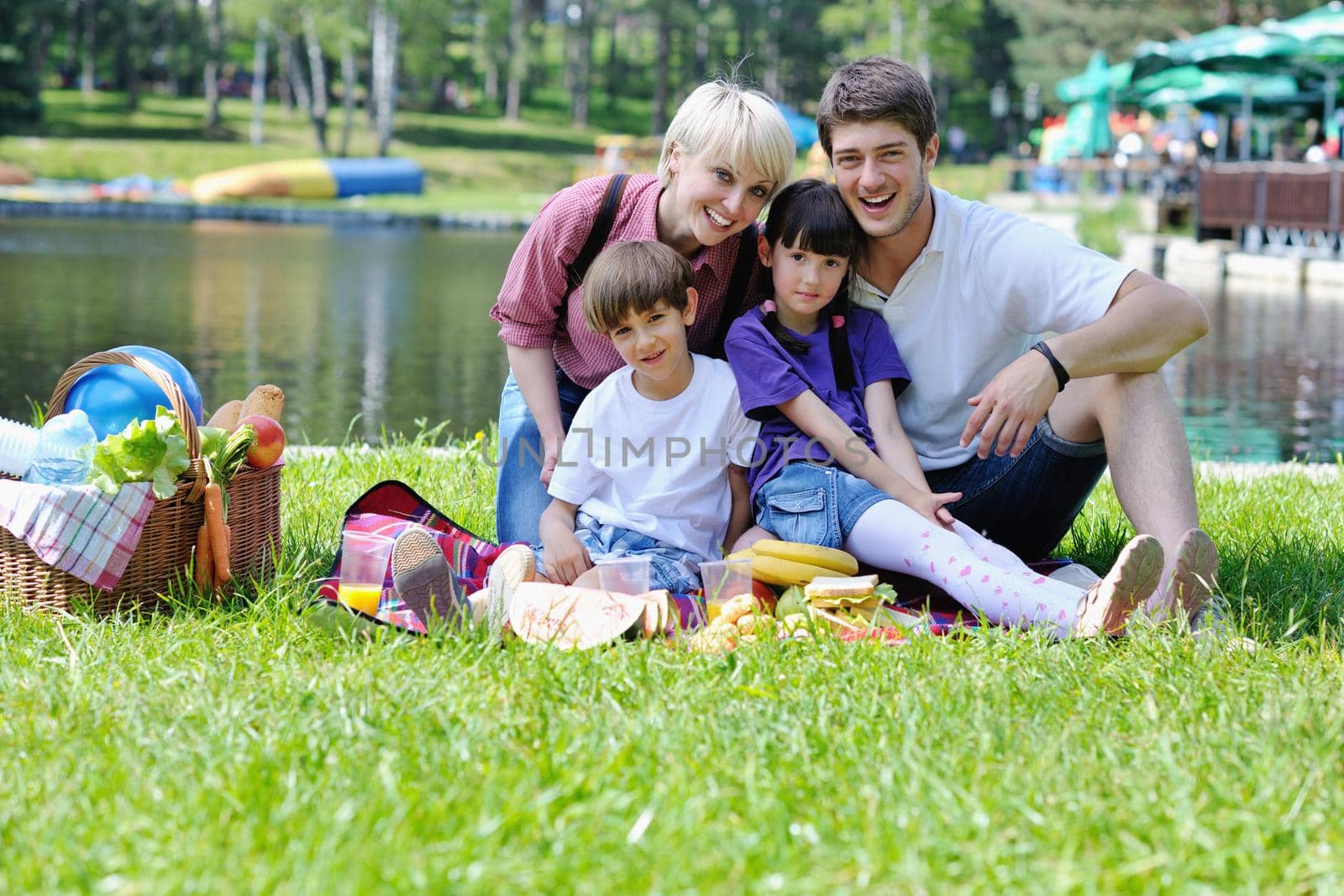 Happy young  family playing together with kids and eat healthy food  in a picnic outdoors