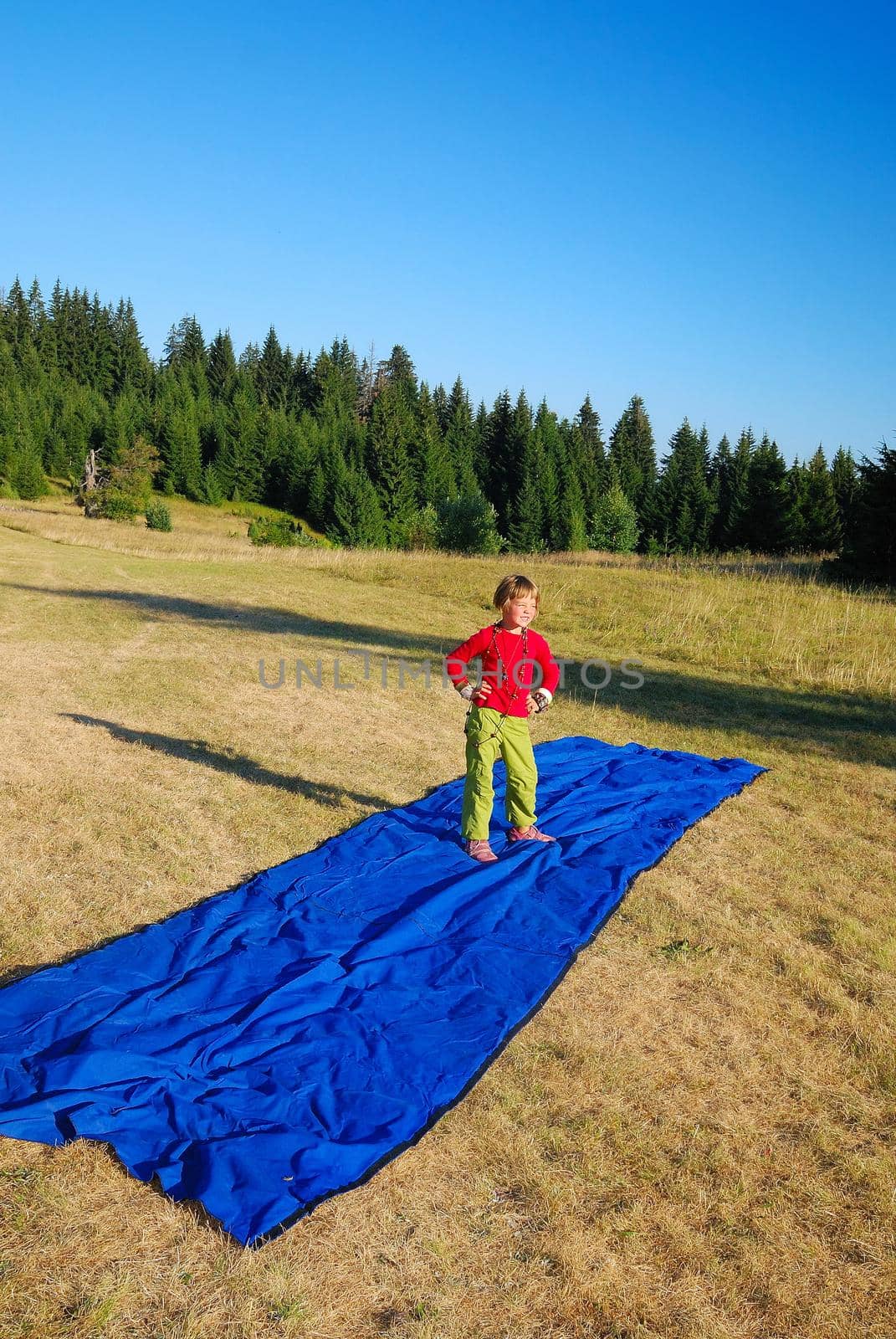 girl imitating photo-model on on blue carpet in nature