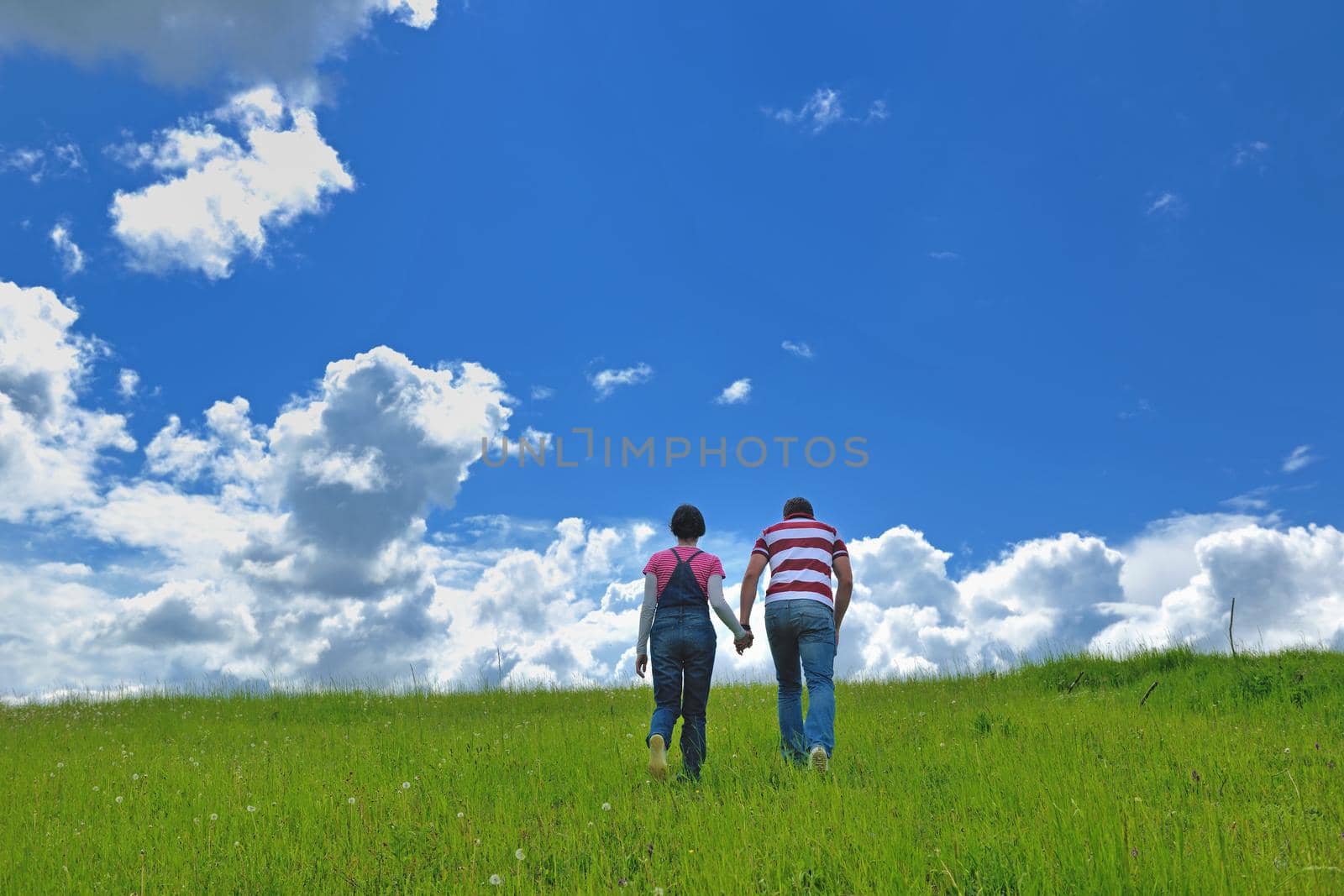 Portrait of romantic young couple in love  smiling together outdoor in nature with blue sky in background