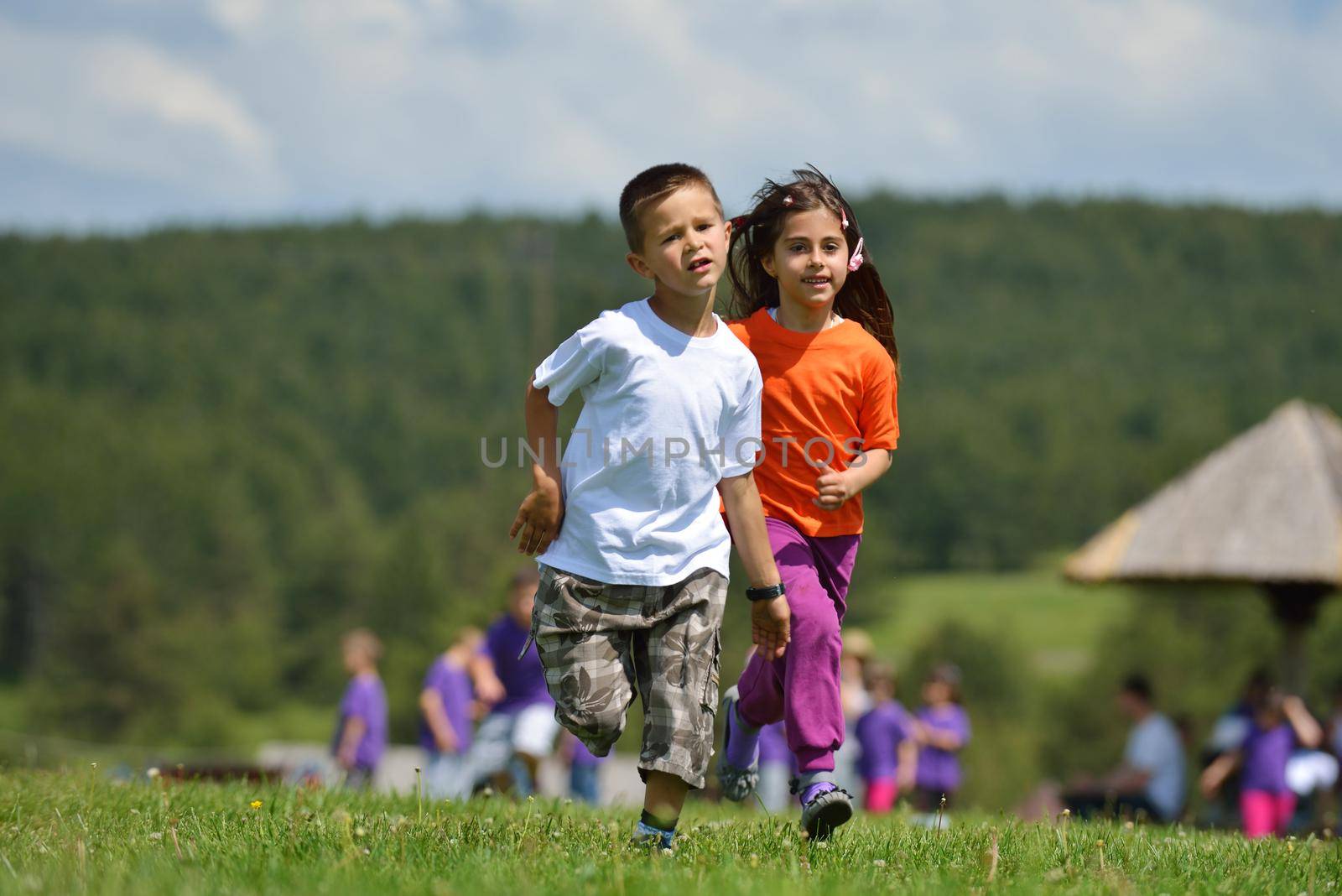 happy kids group have fun in nature outdoors park