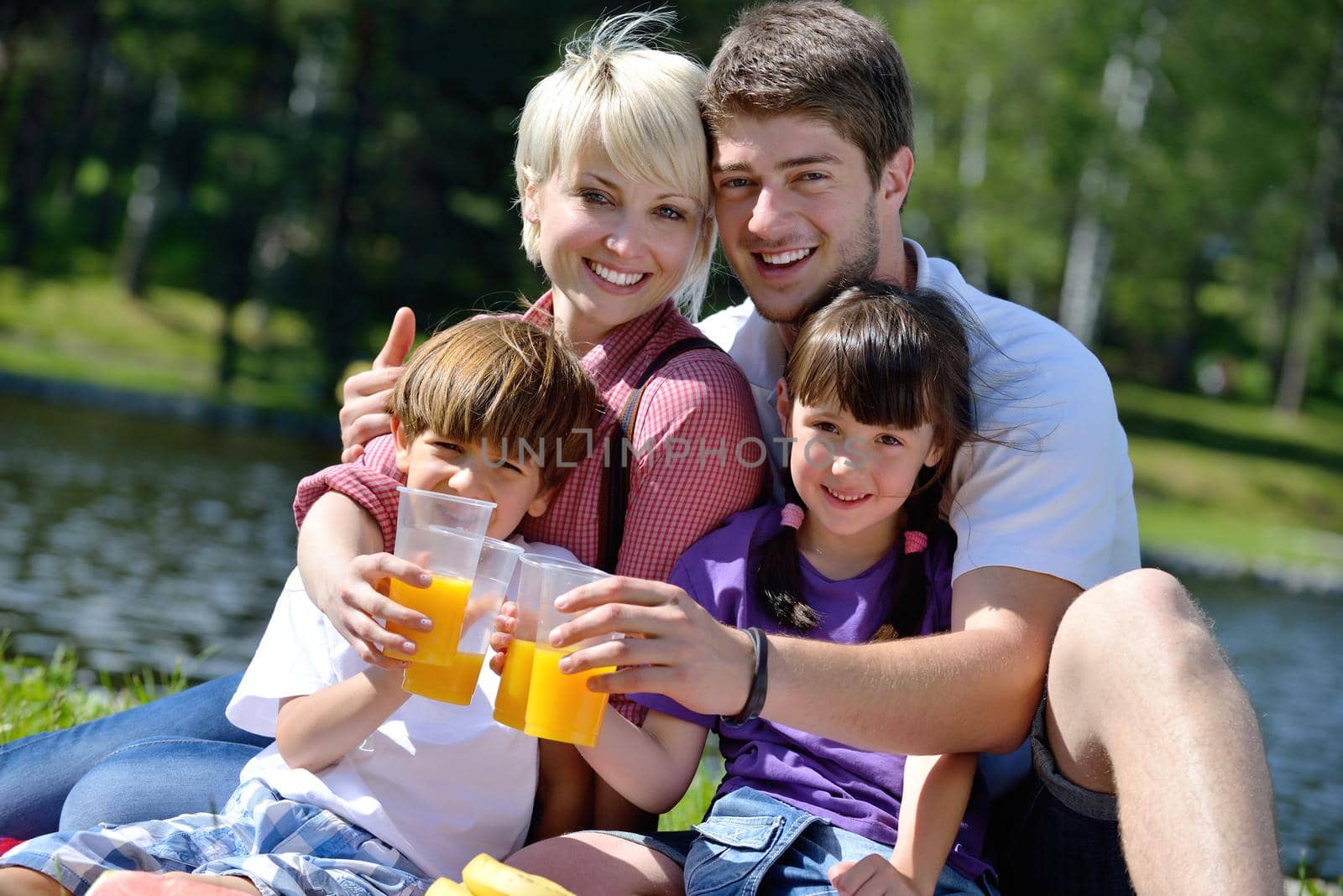 Happy young  family playing together with kids and eat healthy food  in a picnic outdoors