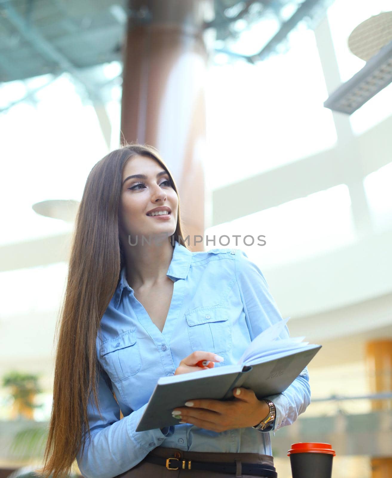 Young woman at workplace going through notes in diary.