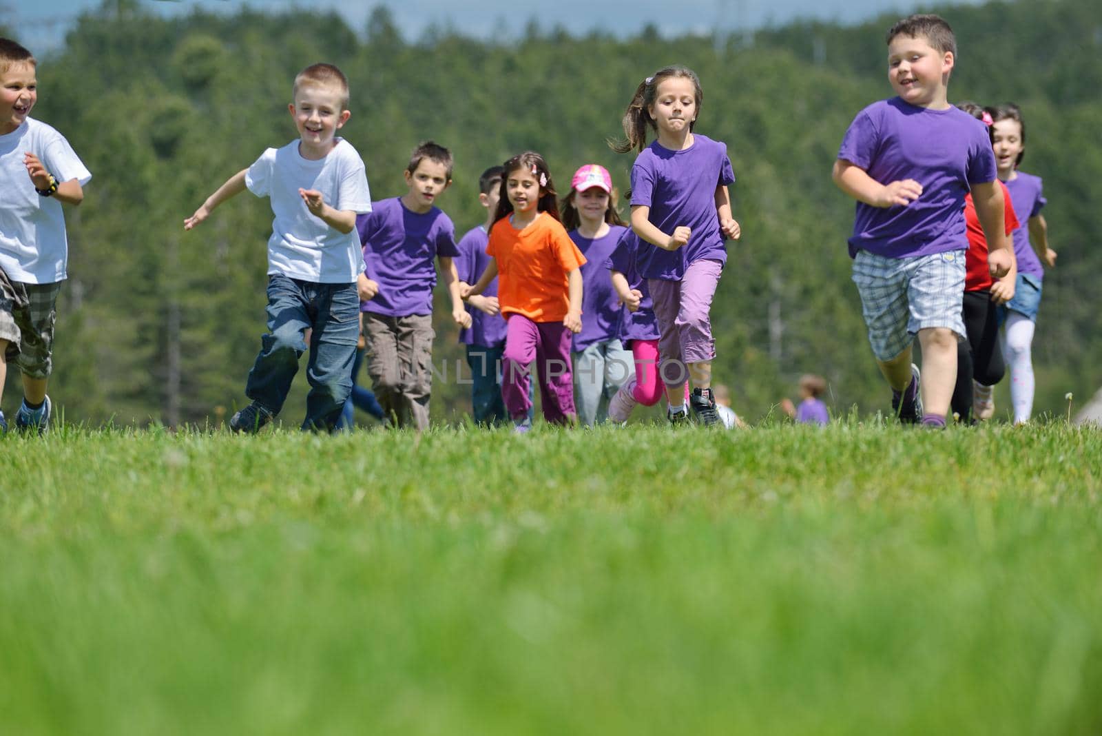 happy kids group have fun in nature outdoors park