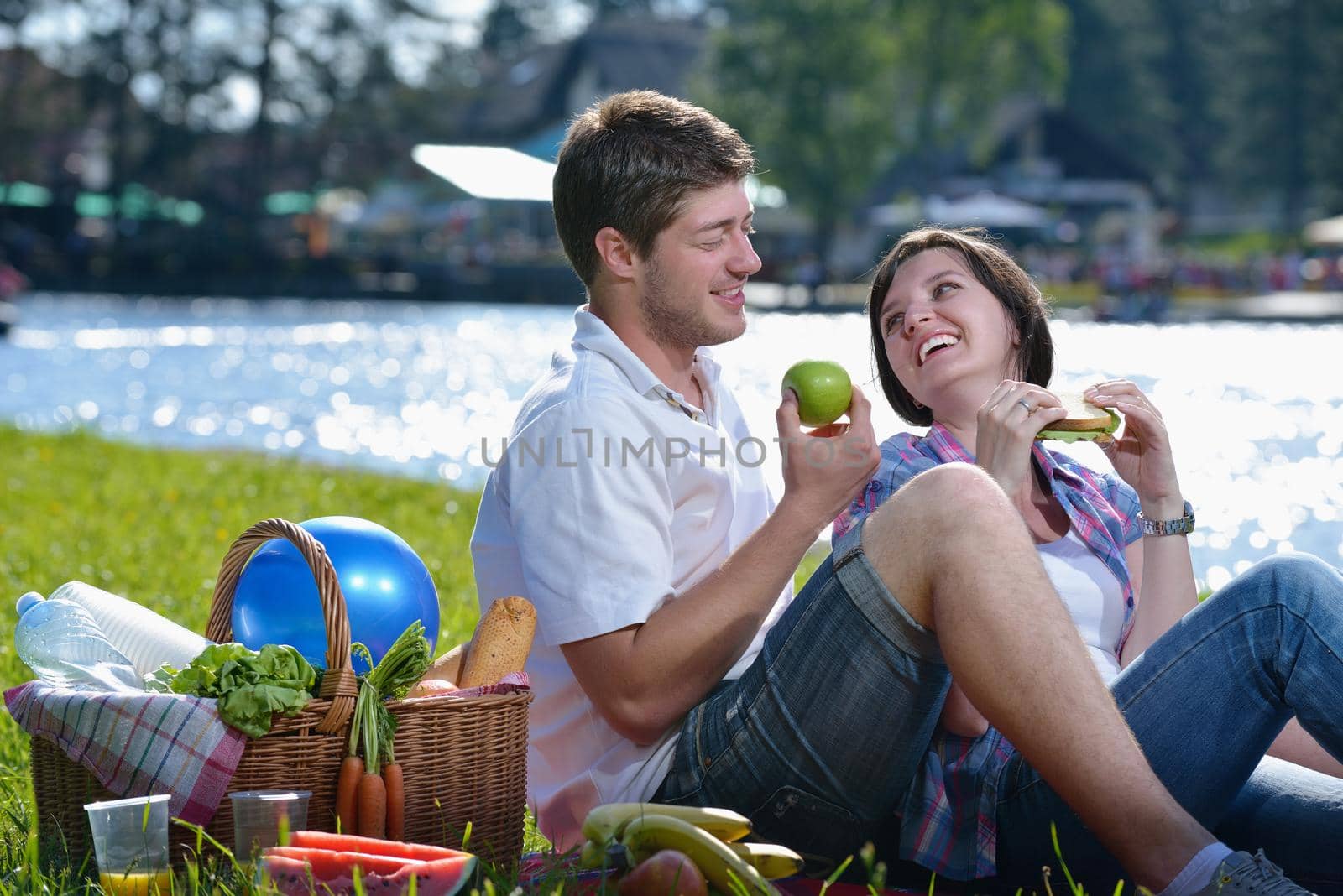 happy young romantic couple in love   having a picnic outdoor on a summer day