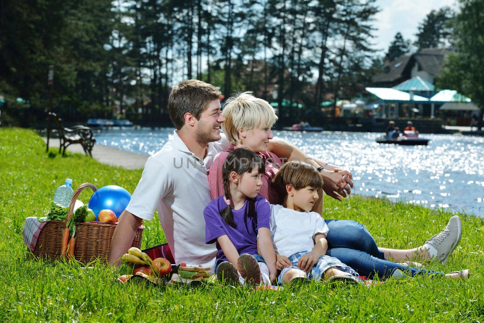 Happy family playing together in a picnic outdoors by dotshock