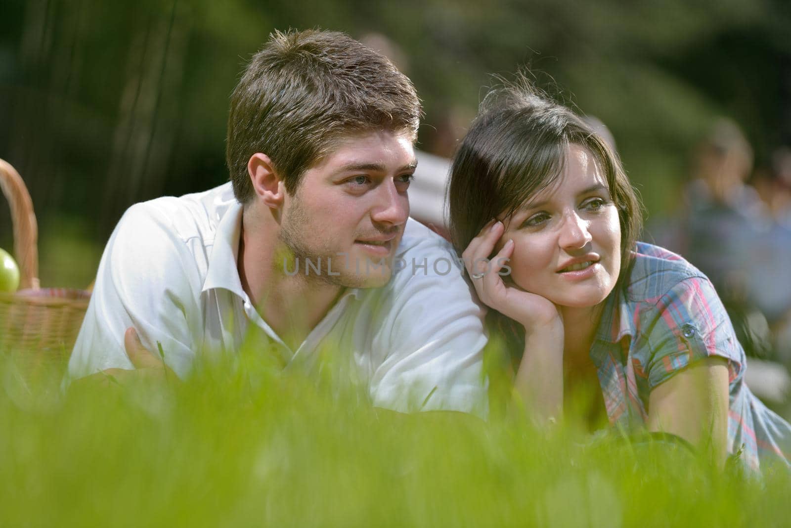 happy young romantic couple in love   having a picnic outdoor on a summer day