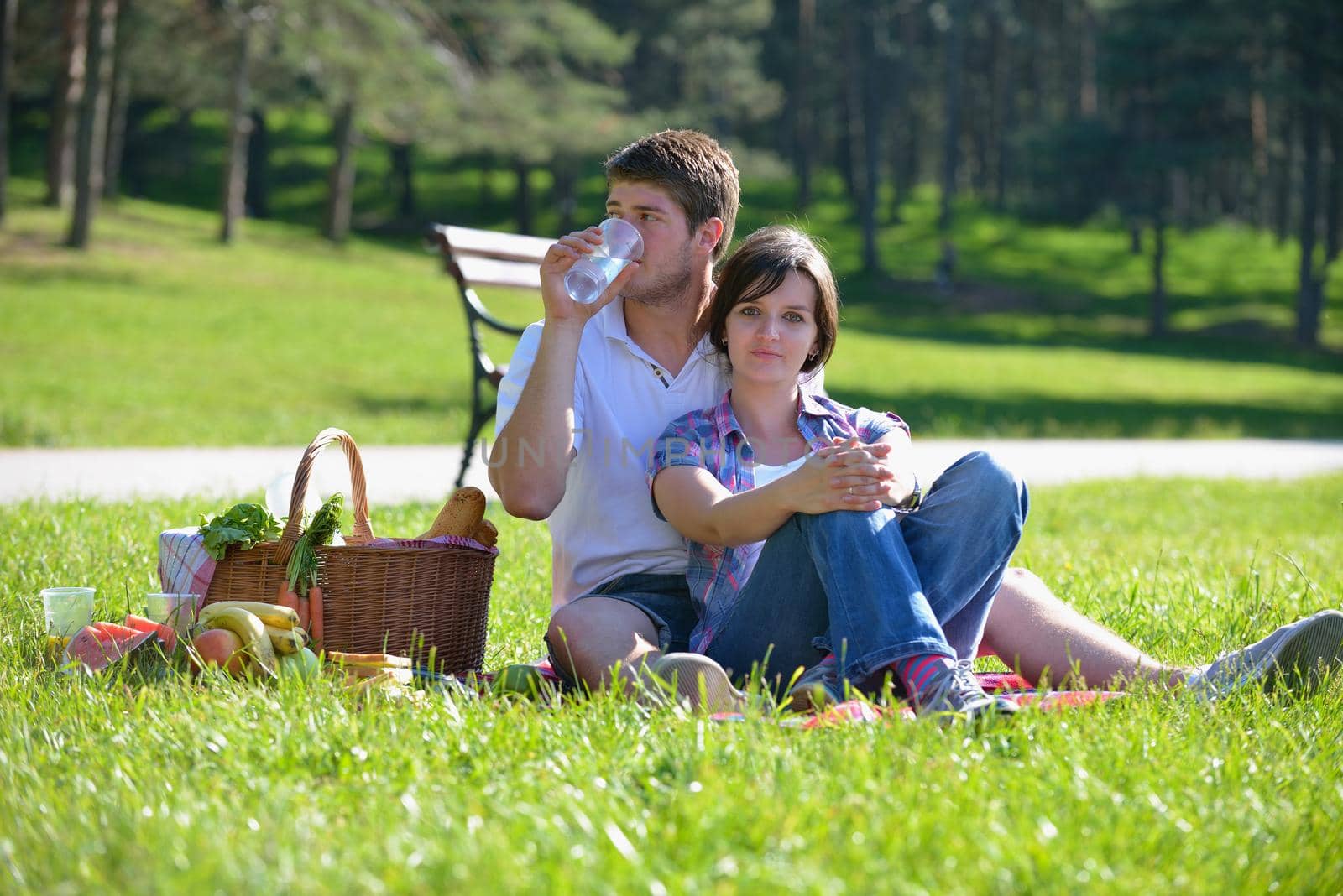 happy young romantic couple in love   having a picnic outdoor on a summer day