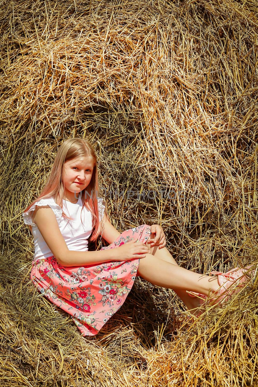 A schoolgirl girl with long blonde hair sits in a pink dress on a bale of straw on a summer day