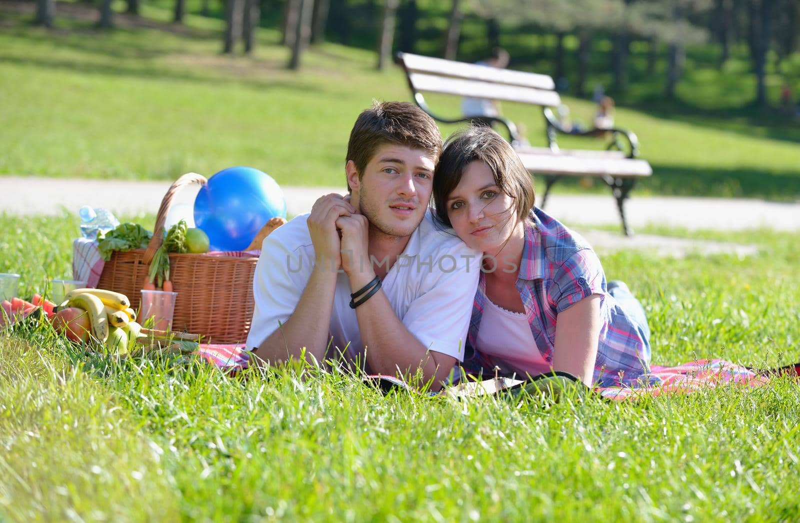 happy young romantic couple in love   having a picnic outdoor on a summer day