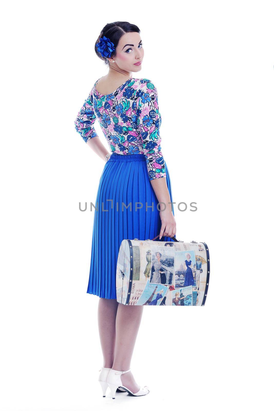 pinup retro  woman with travel bag isolated by dotshock