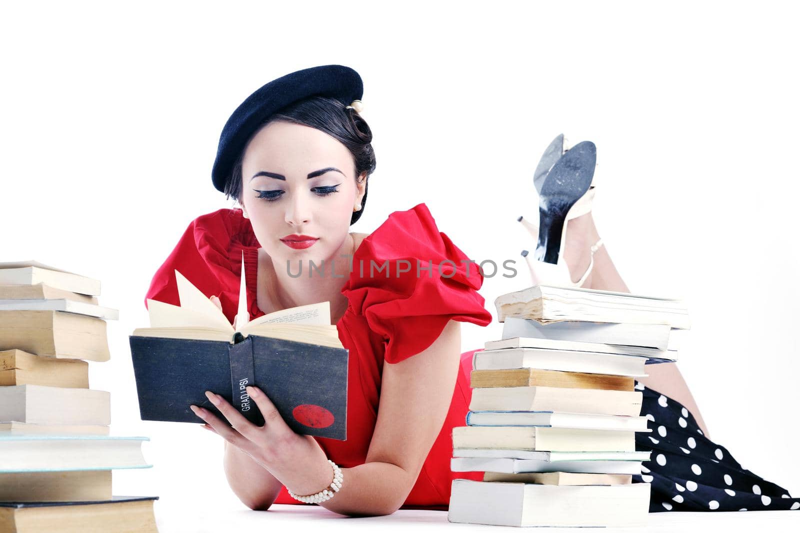 young student woman in retro clothes read book and get education for exam study isolated on white backround