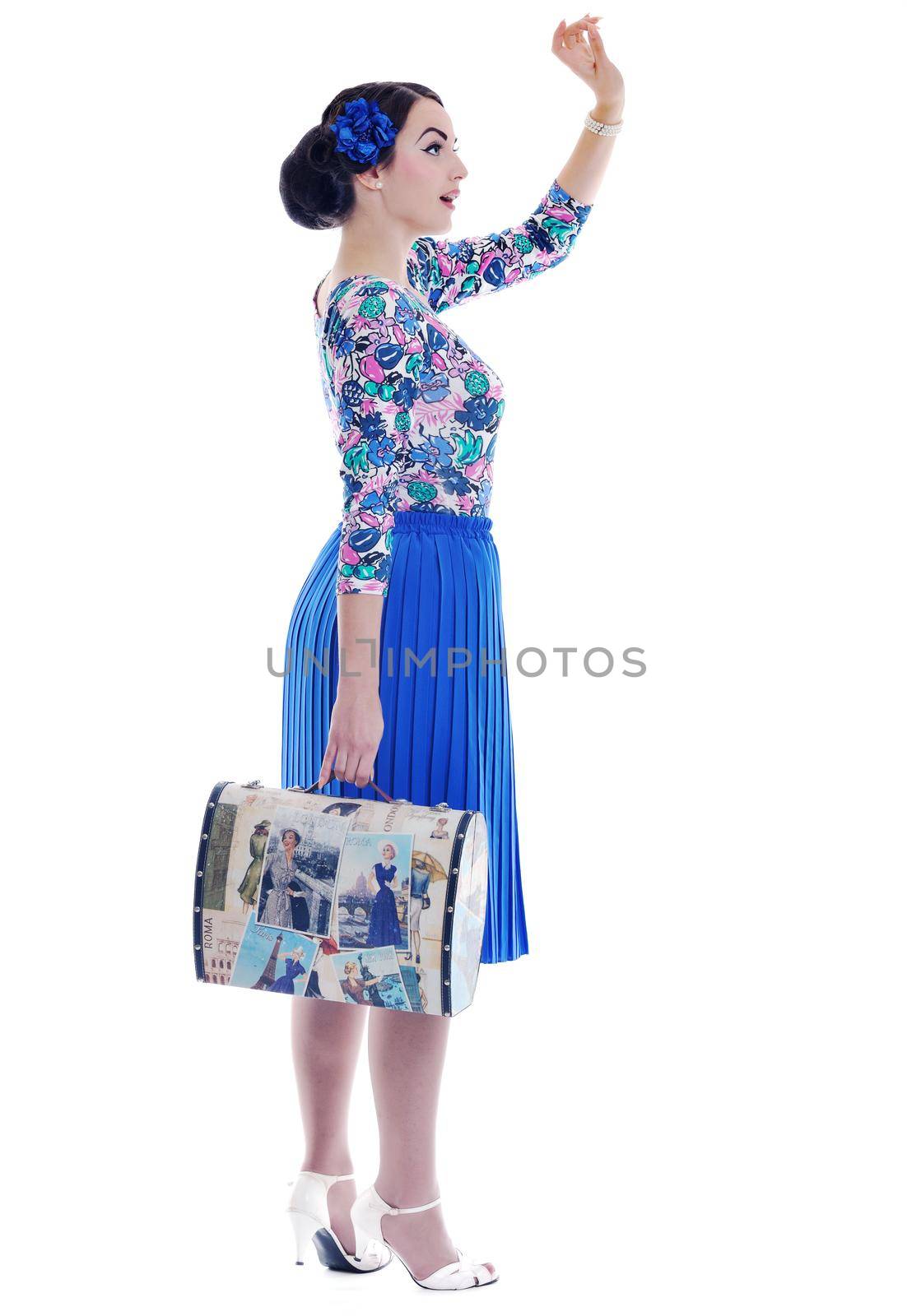 pinup retro  woman with travel bag isolated by dotshock