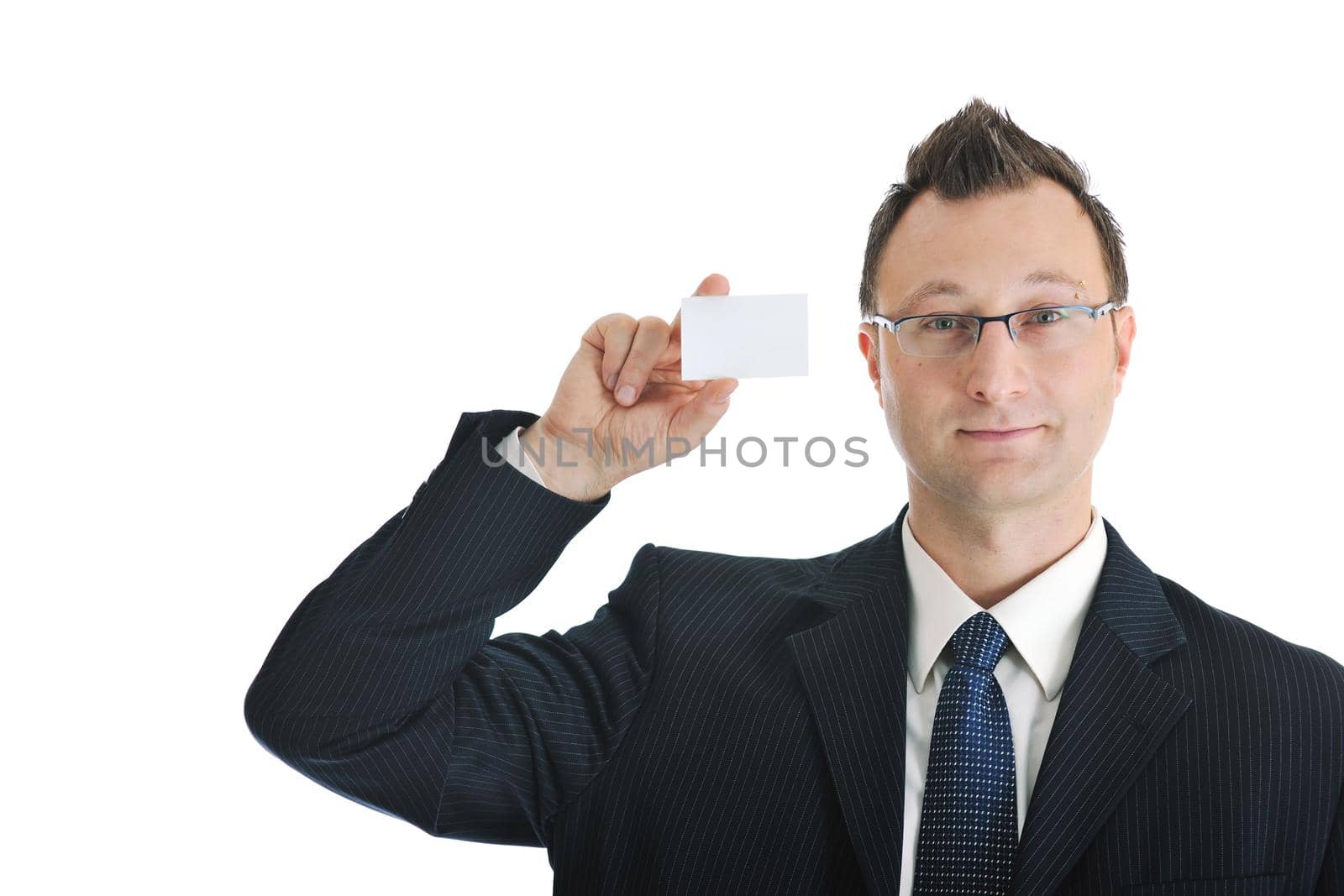 portrait of young businessman with empty business card isolated on white