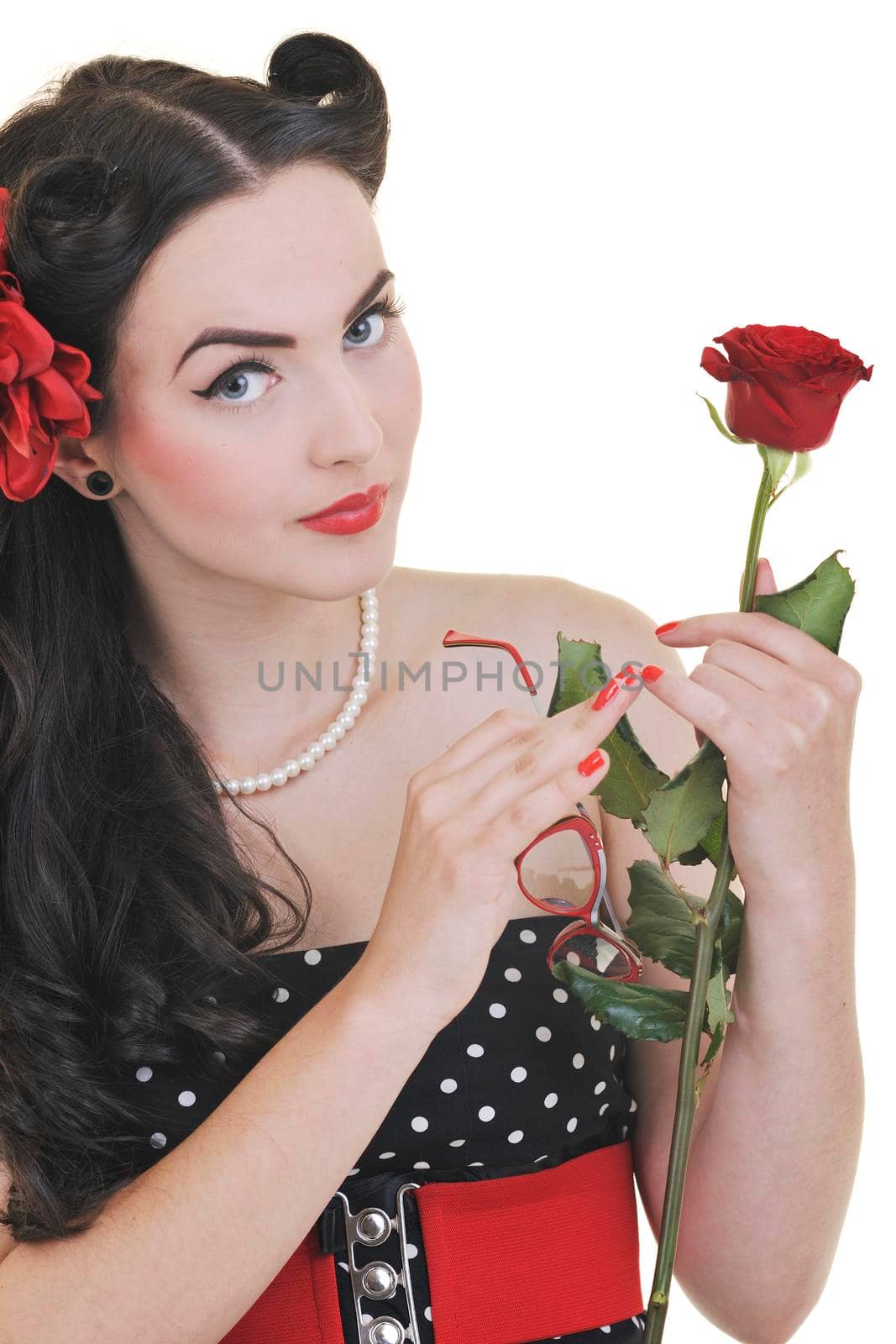 beautiful young woman with rose flower isolated on white