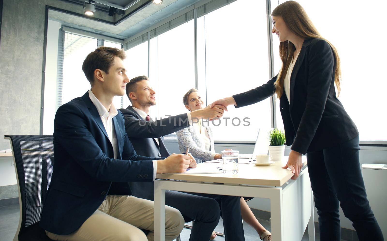Job applicant having interview. Handshake while job interviewing by tsyhun