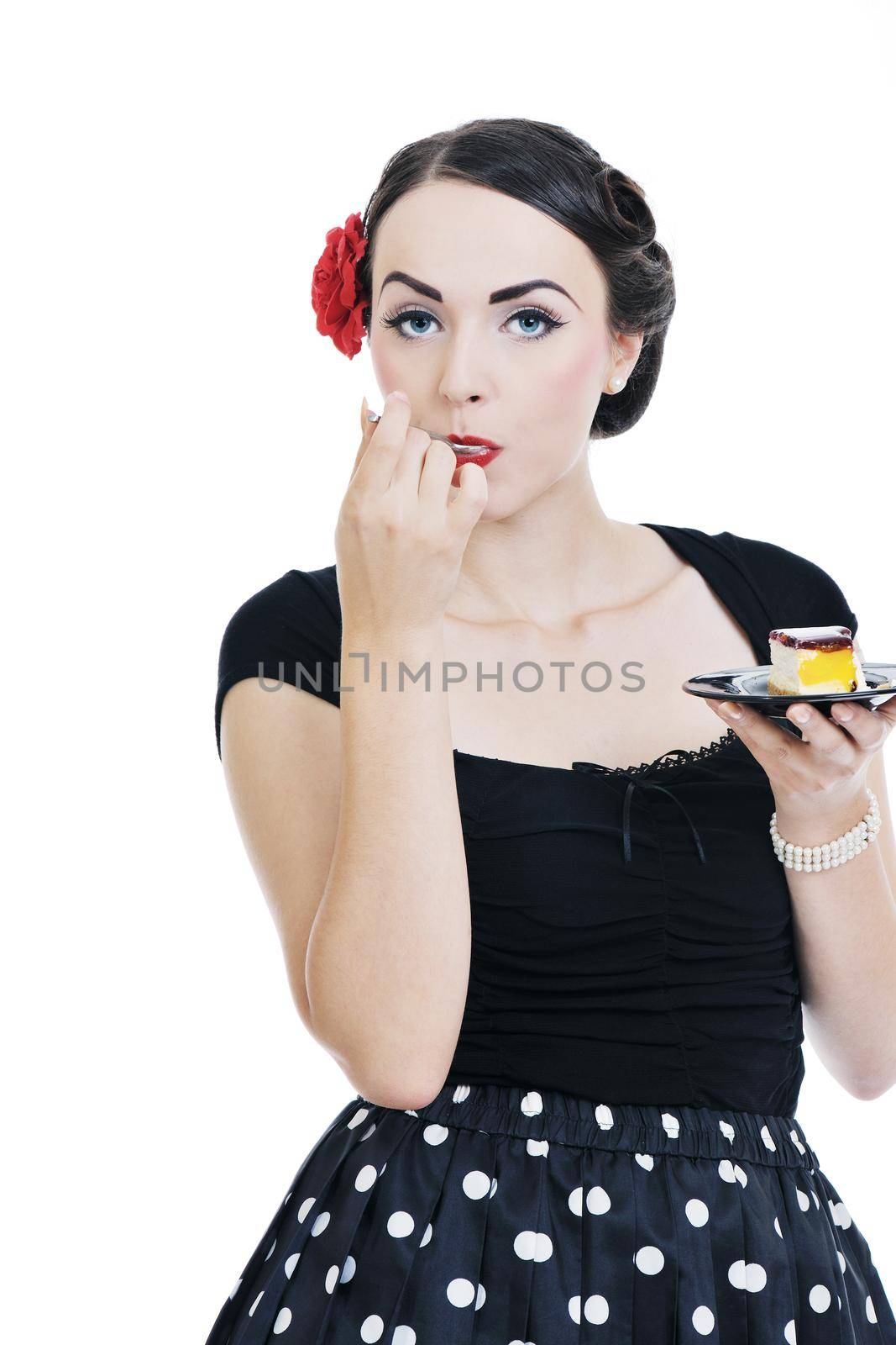 pretty young happy woman with travel bag waiting and posing isolated on white backround  in studio