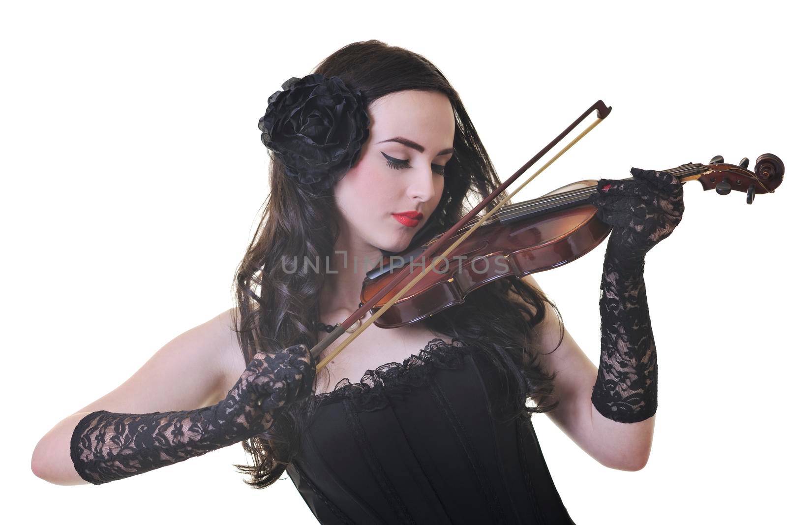 beautiful young happy woman play violin music instrument isolated on white