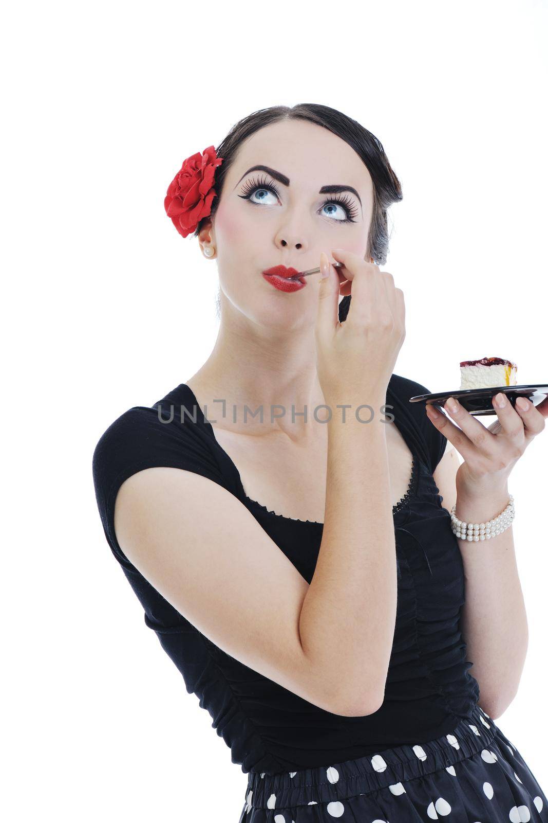 pretty young happy woman with travel bag waiting and posing isolated on white backround  in studio