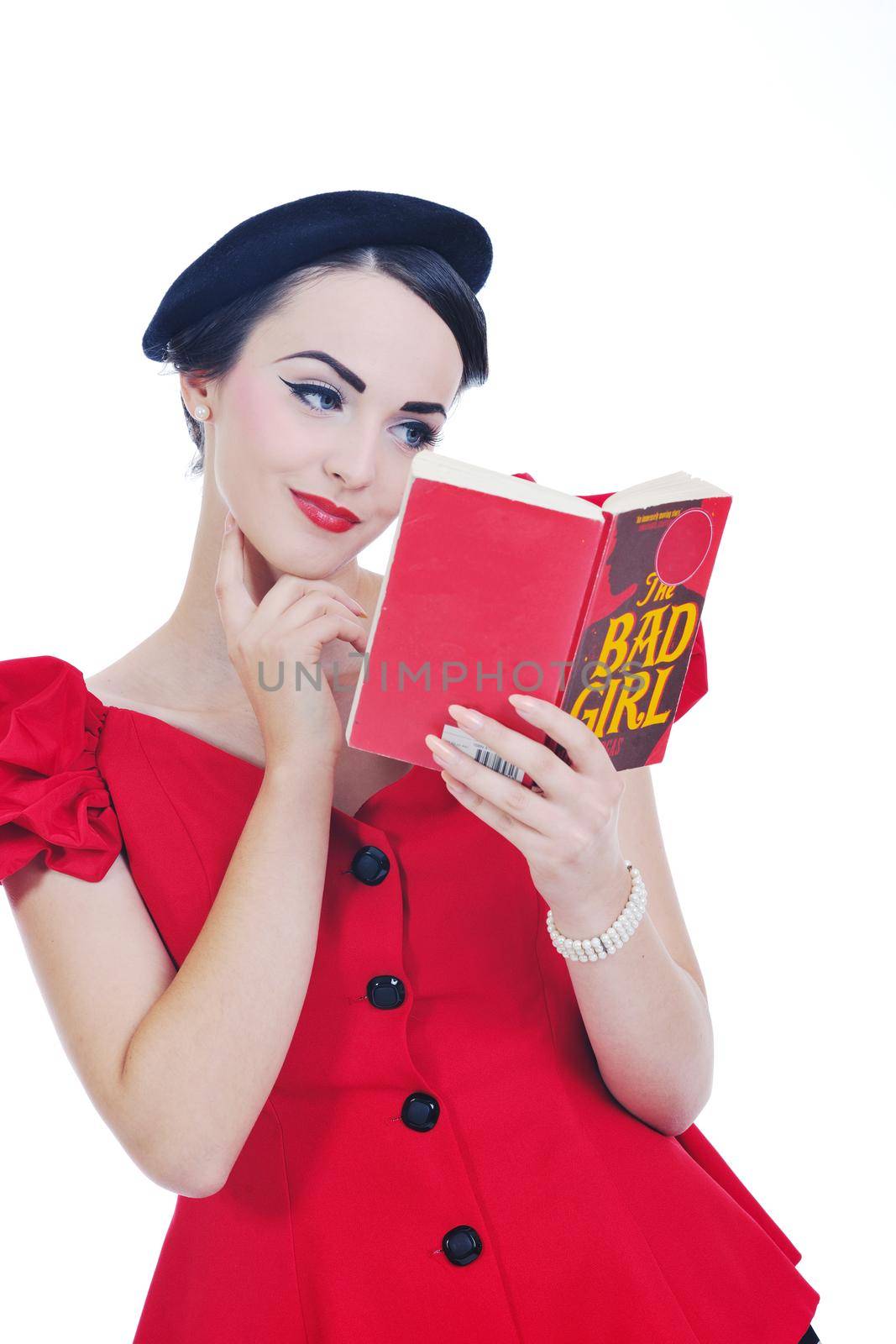 young student woman in retro clothes read book and get education for exam study isolated on white backround