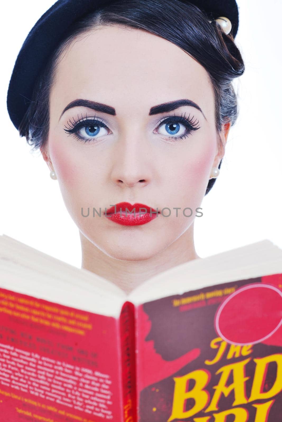 young student woman in retro clothes read book and get education for exam study isolated on white backround