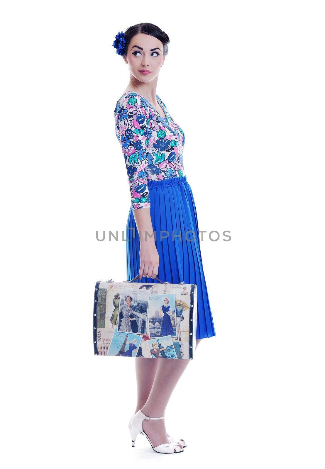 pinup retro  woman with travel bag isolated by dotshock