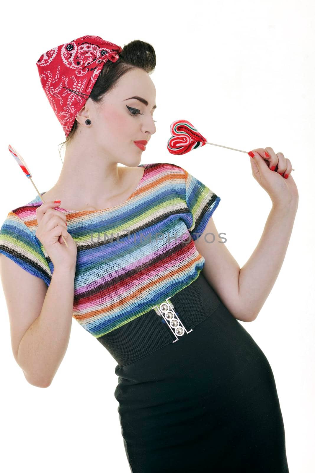 happy young woman with lollipo candy isolated on white