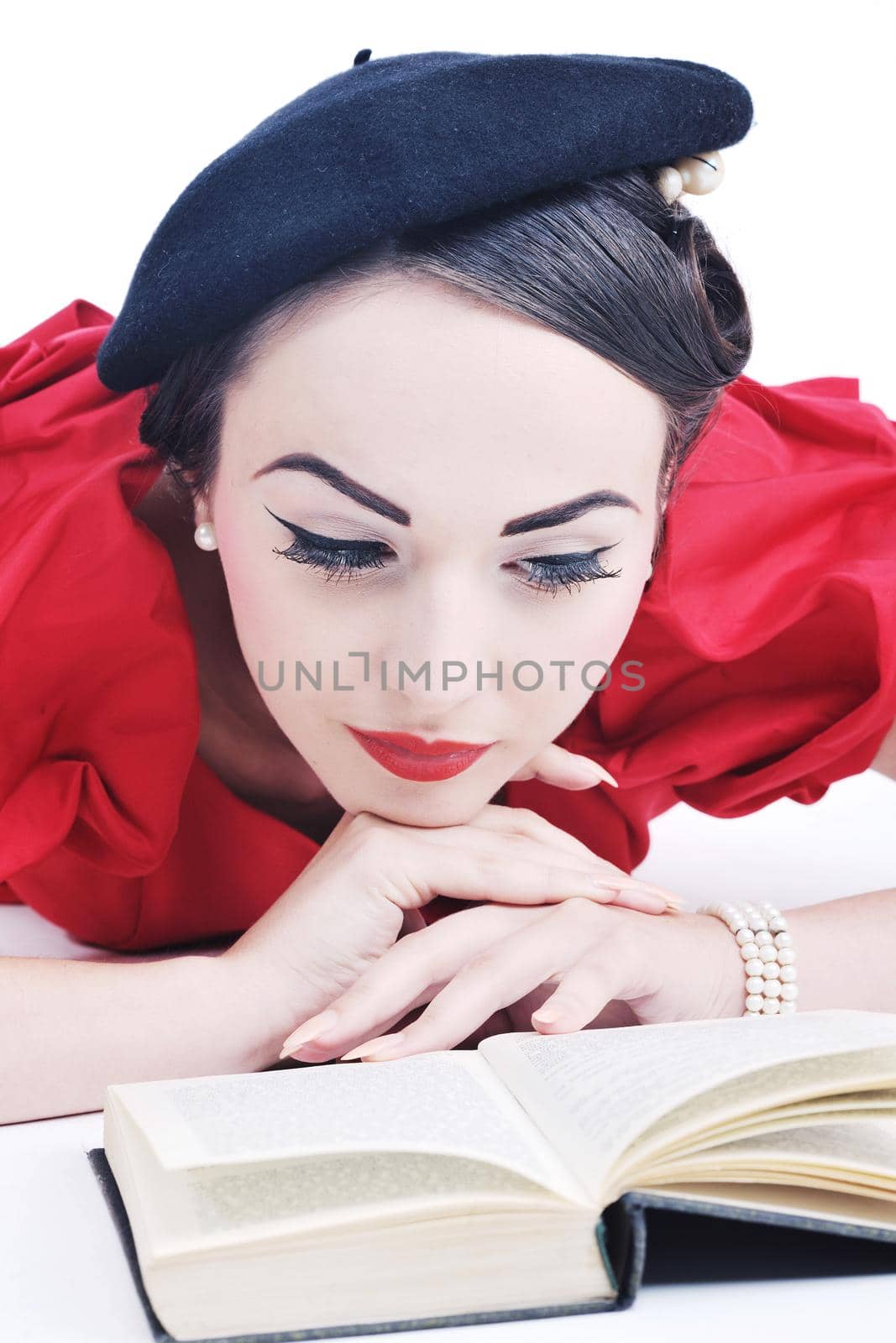 young student woman in retro clothes read book and get education for exam study isolated on white backround