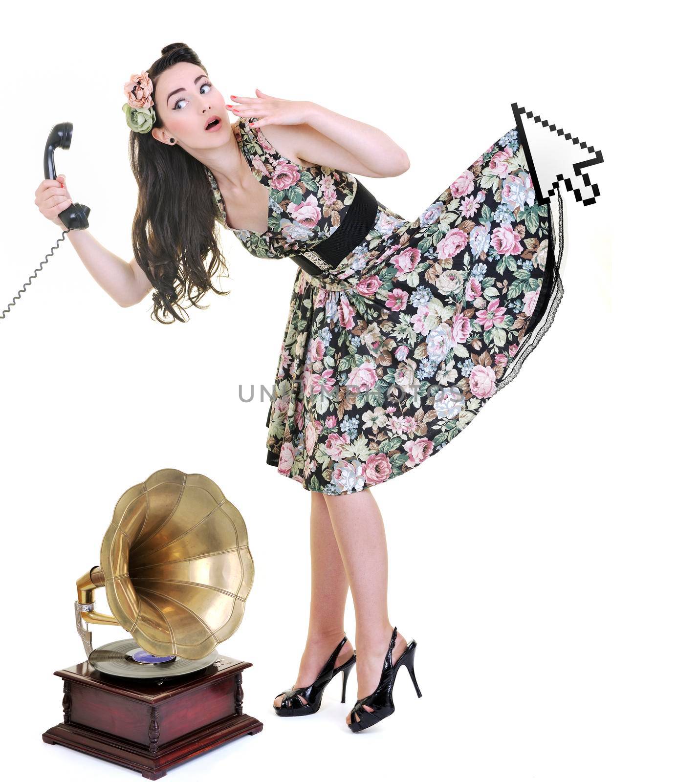 pretty young woman talking by old phone and mouse cursor arrow is holding her skirt