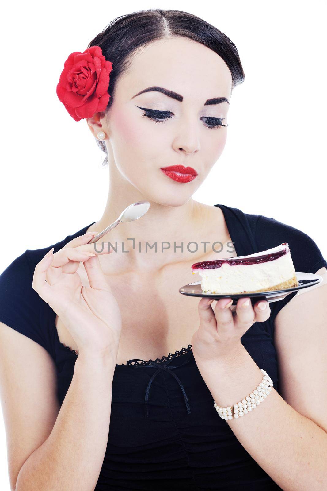 pretty young happy woman with travel bag waiting and posing isolated on white backround  in studio