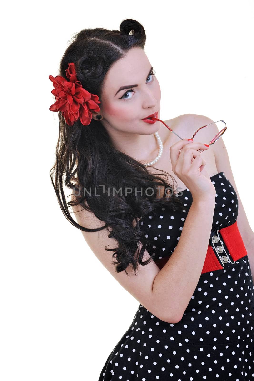 beautiful young woman with rose flower isolated on white