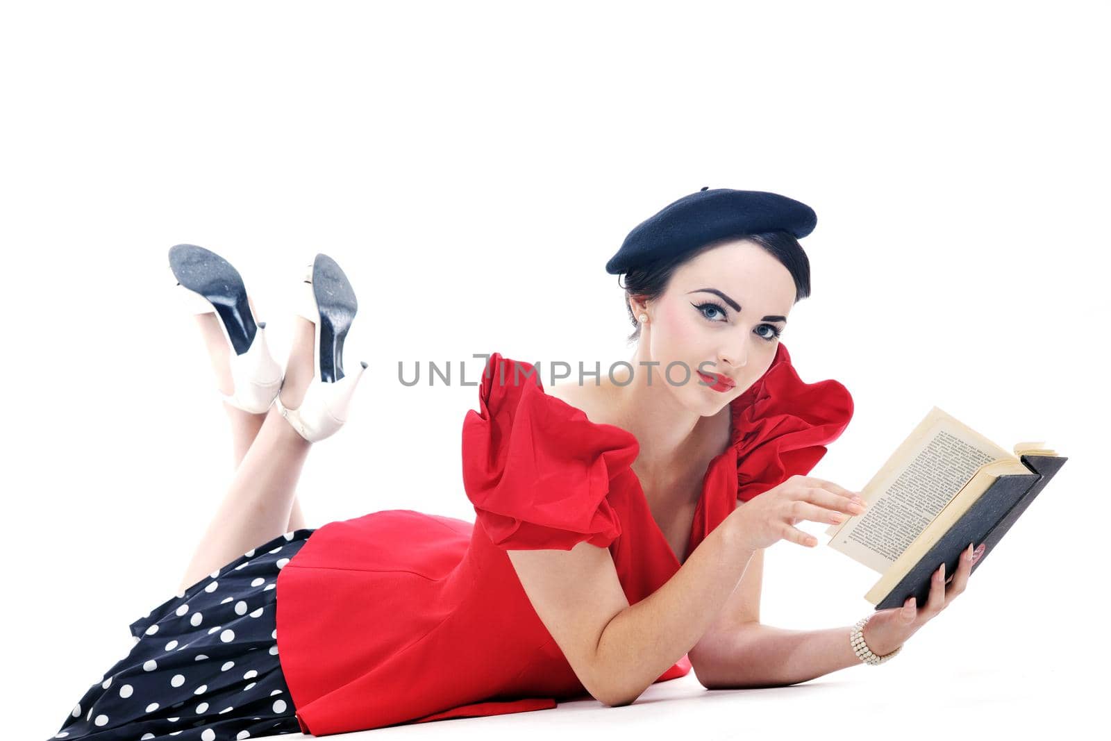 young student woman in retro clothes read book and get education for exam study isolated on white backround