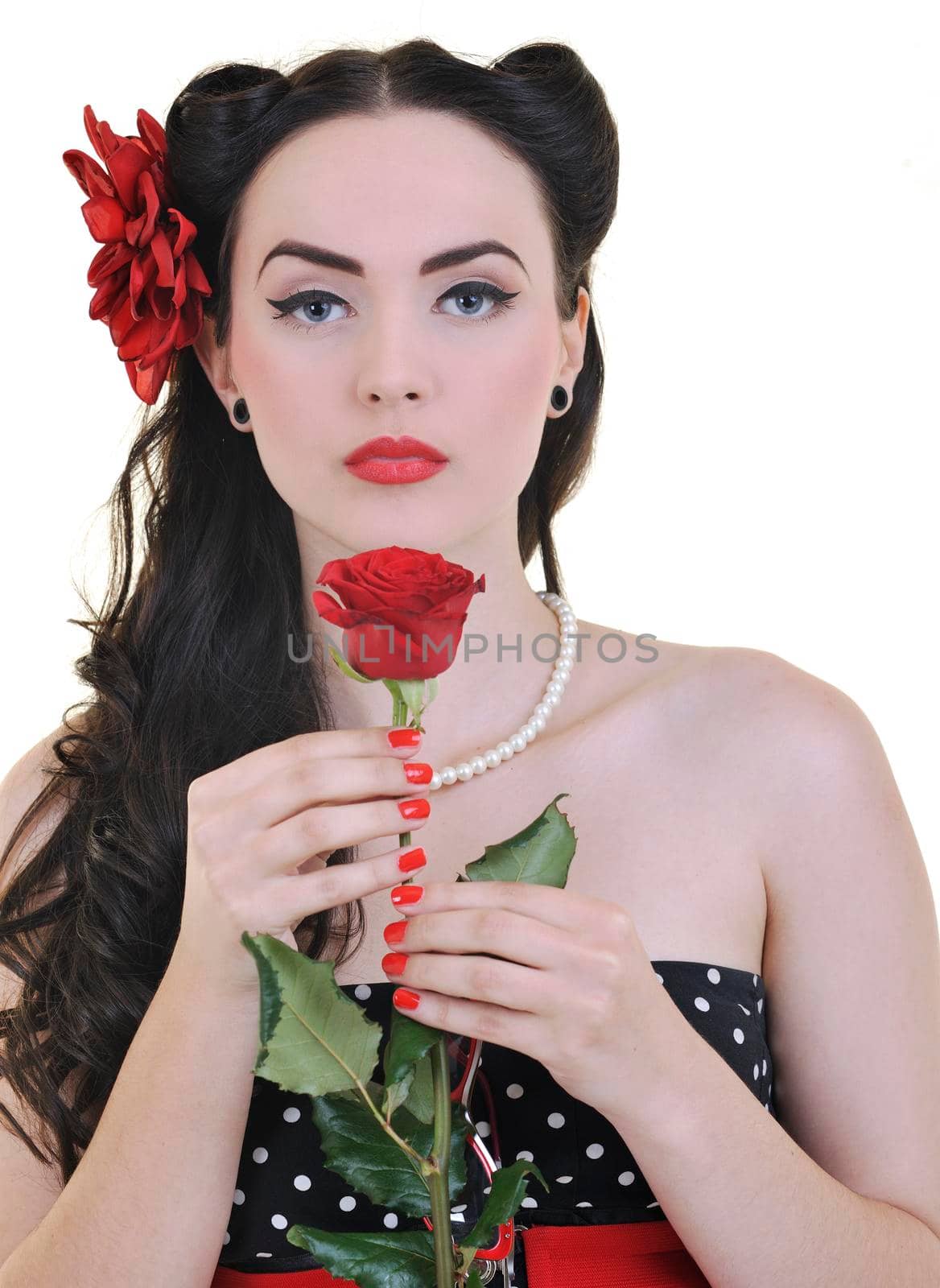 beautiful young woman with rose flower isolated on white