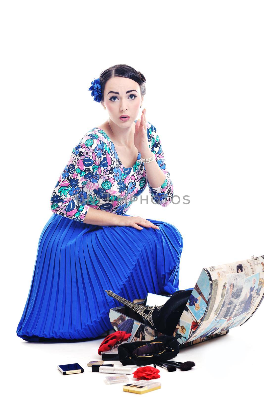 pretty young happy woman with travel bag waiting and posing isolated on white backround  in studio