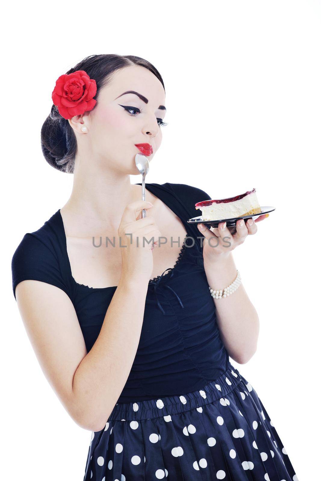 pretty young happy woman with travel bag waiting and posing isolated on white backround  in studio