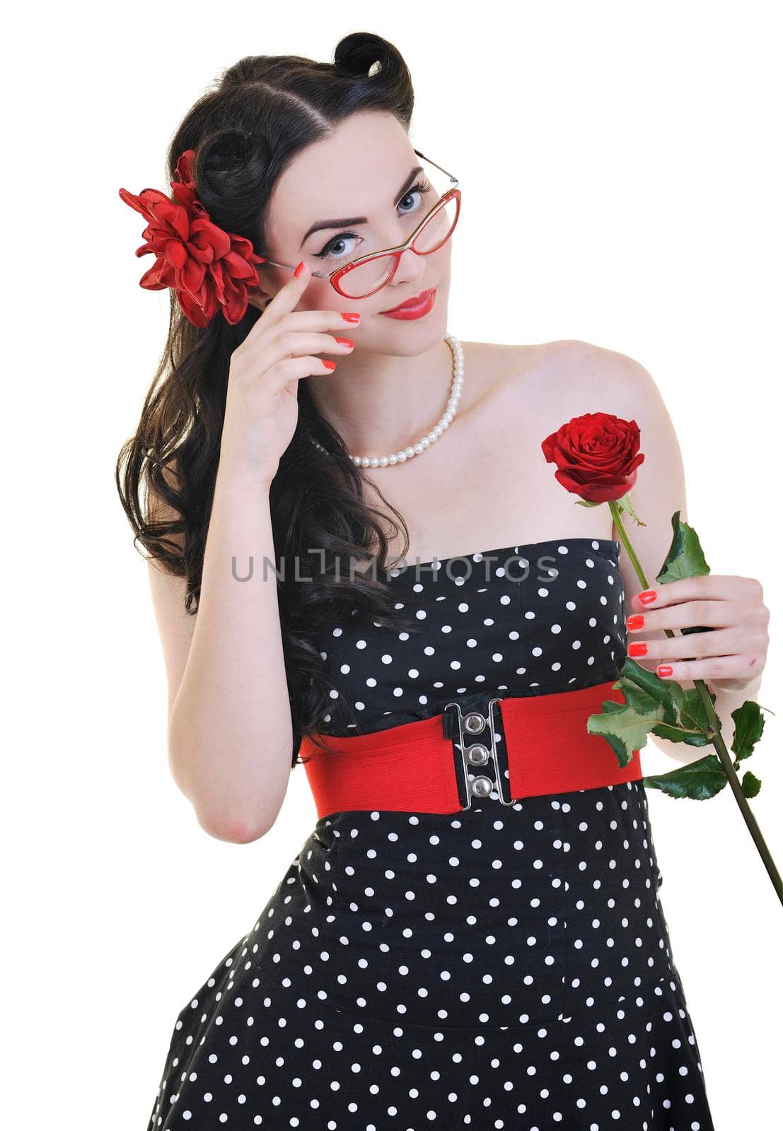beautiful young woman with rose flower isolated on white