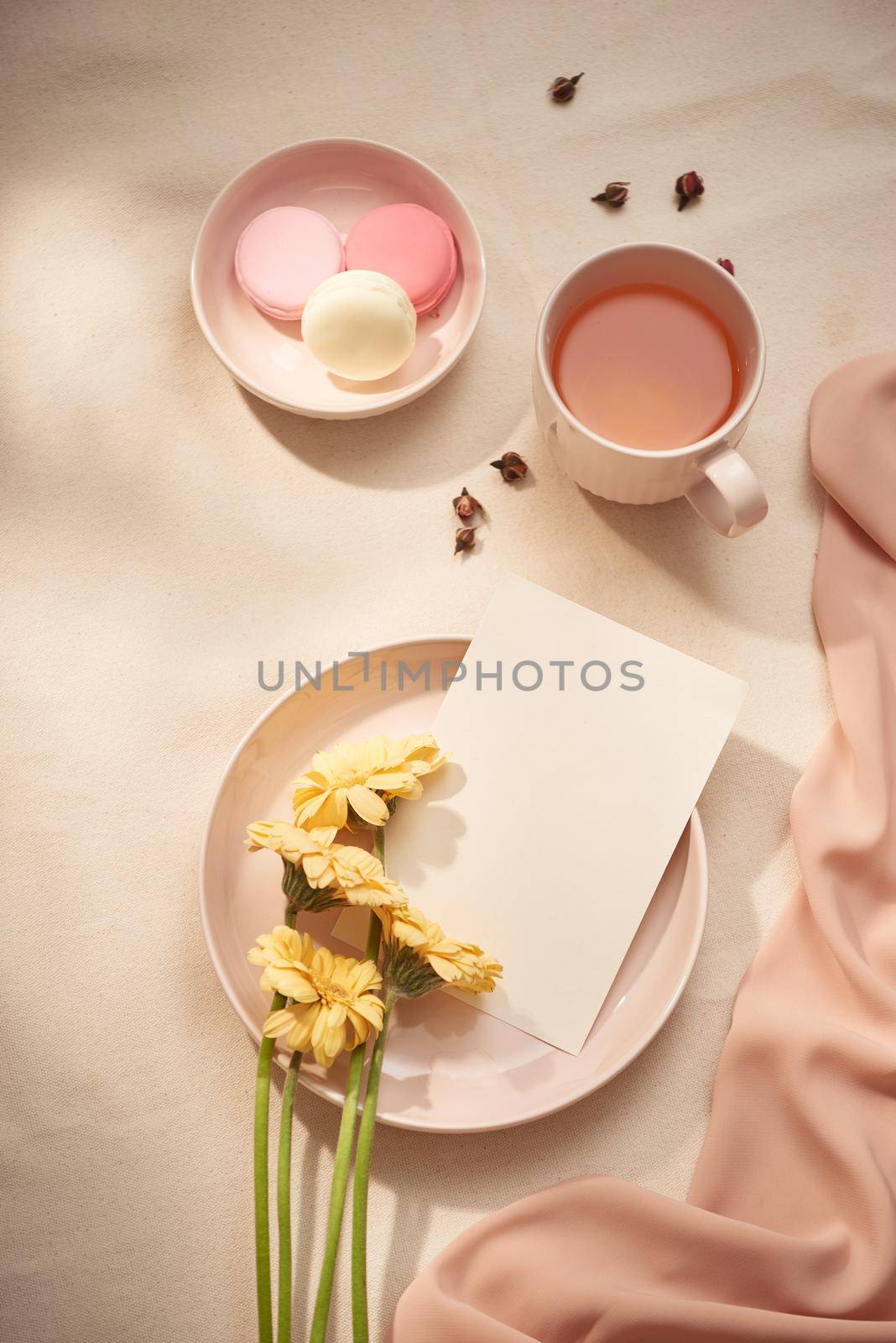 Tea cup with Rose tea and fresh  flower and macarons on white background