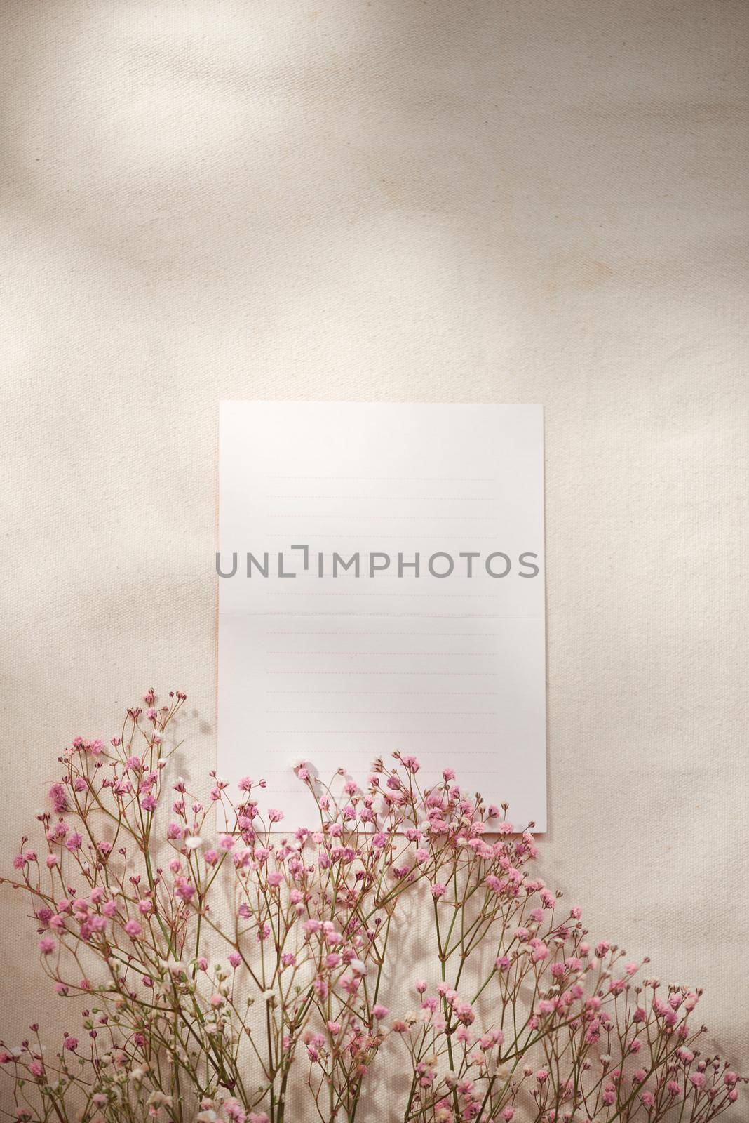 Spring morning concept. Flat-lay of flowers and card over background, top view with space for your text