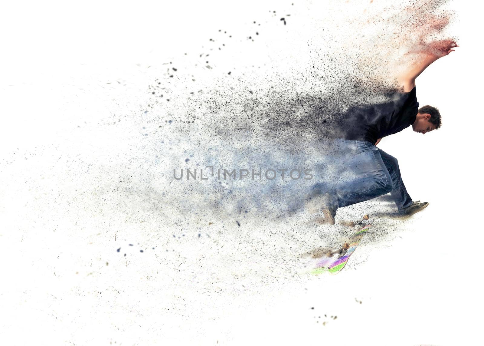 abstract pixelated design of a Boy practicing  and jumping skate in a park