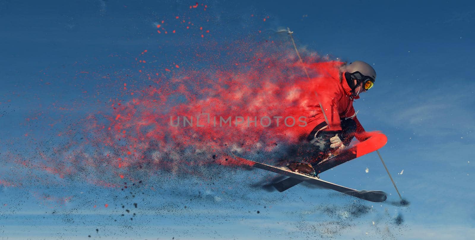 design of jumping skier at mountain. winter snow fresh suny day