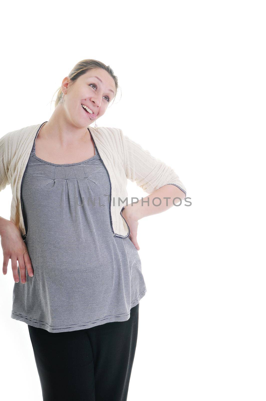 one happy pregnant woman smile isolated on white in studio