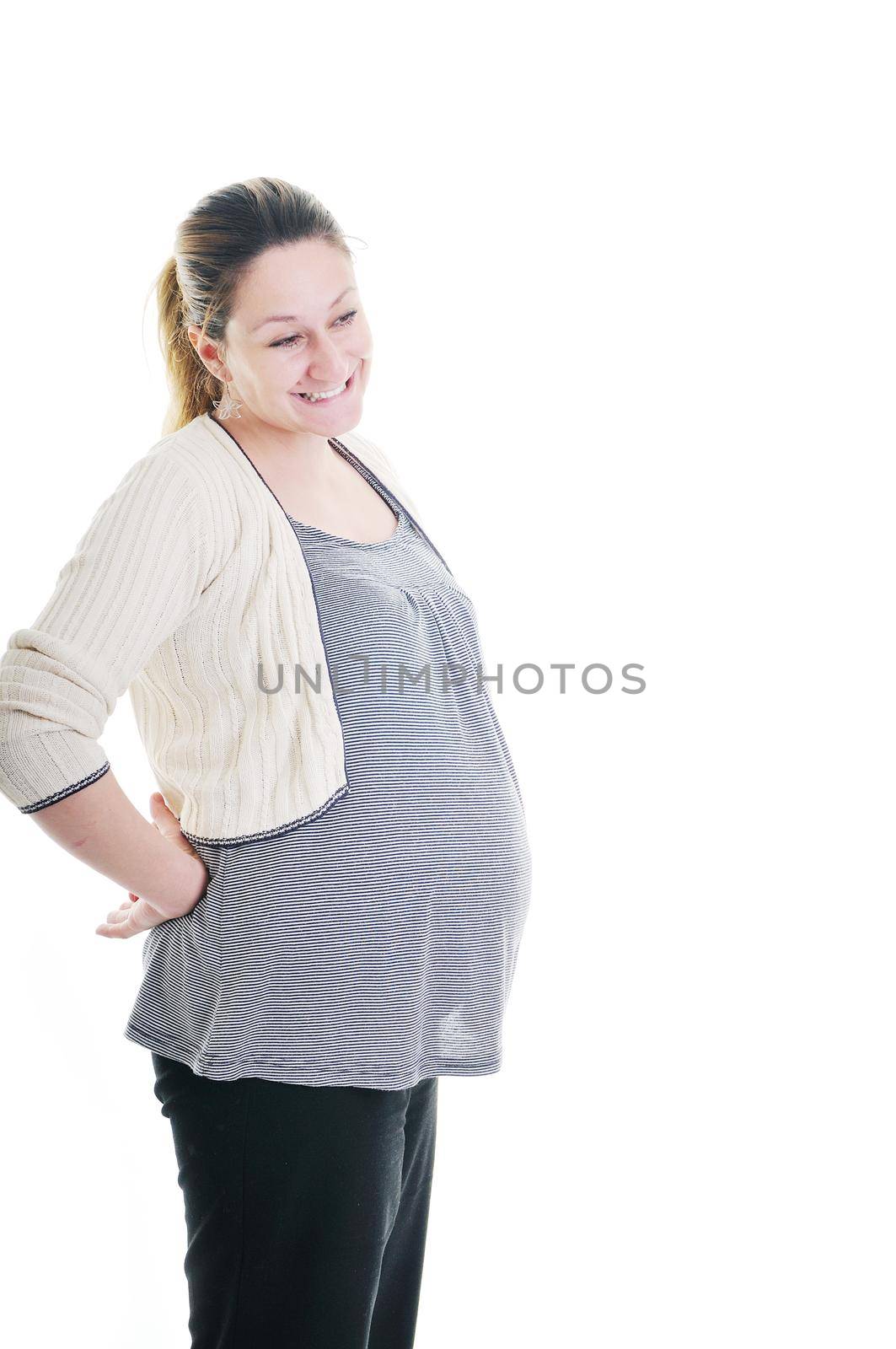 one happy pregnant woman smile isolated on white in studio