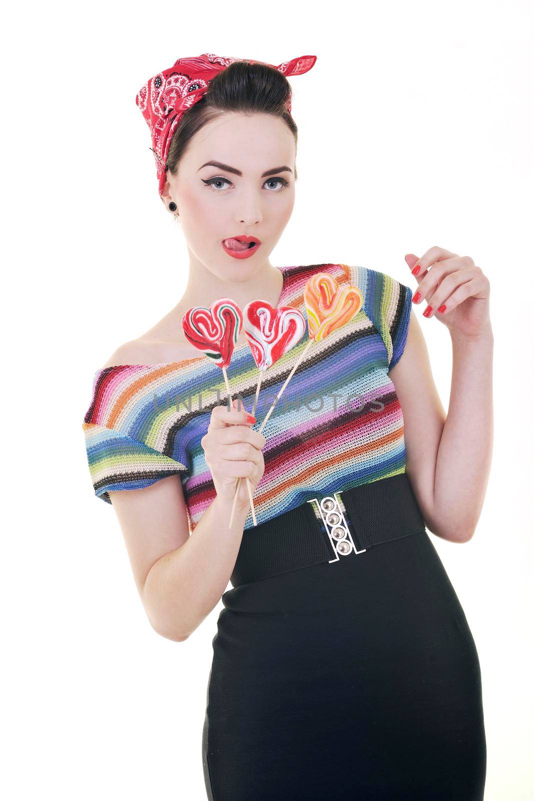 happy young woman with lollipo candy isolated on white