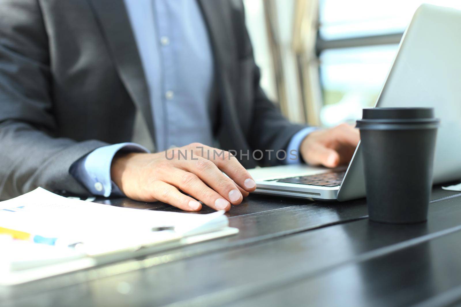 Business person analyzing financial statistics displayed on the laptop screen.