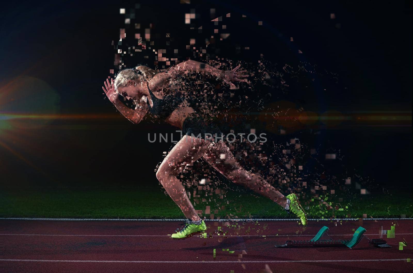 pixelated design of woman  sprinter leaving starting blocks by dotshock