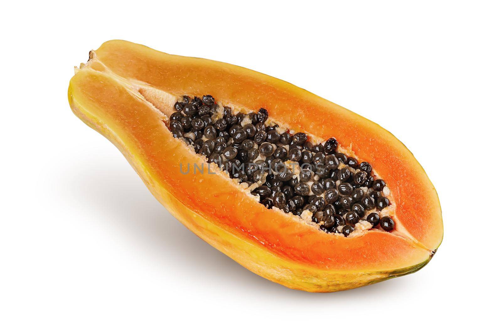 Single half ripe papaya rotated isolated on white background
