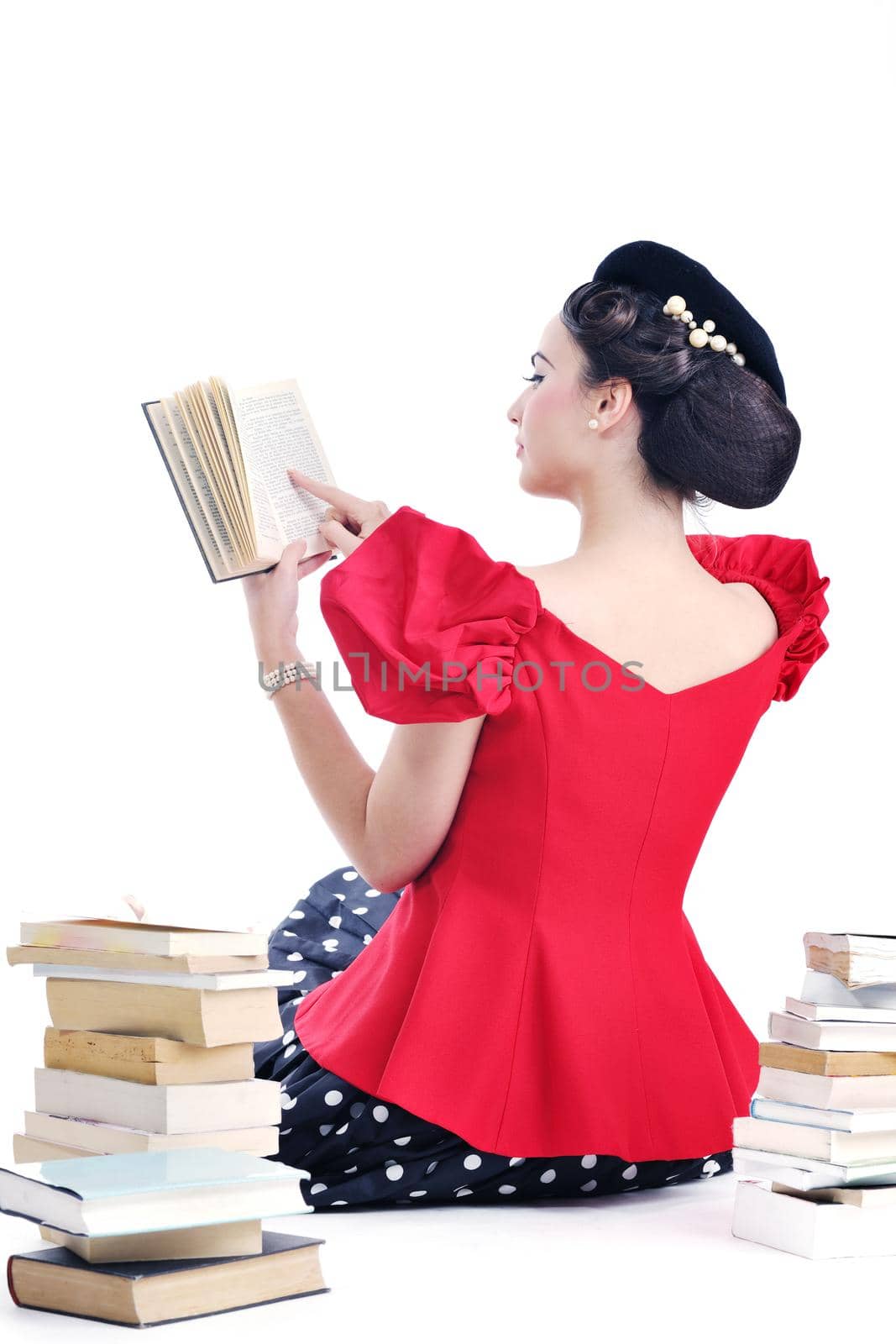 young student woman in retro clothes read book and get education for exam study isolated on white backround