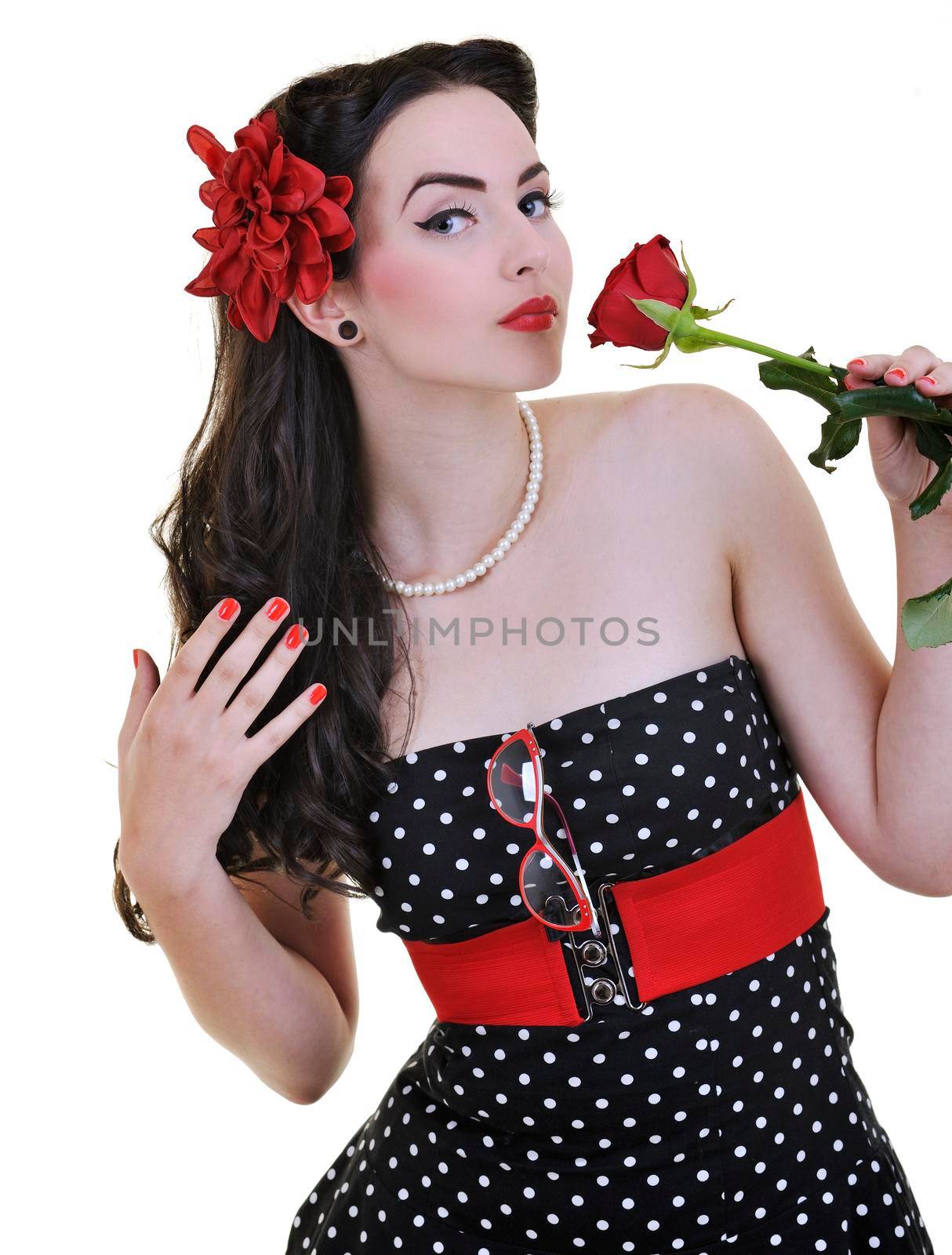 beautiful young woman with rose flower isolated on white