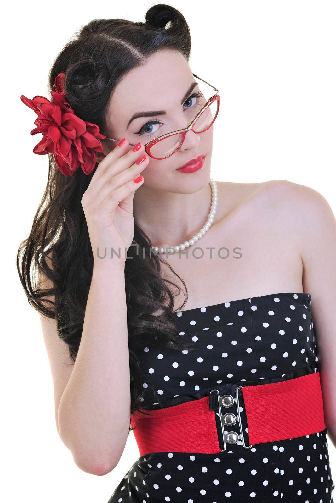 pretty happy young pinup girl isolated on white in studio representing old fashion concept and style