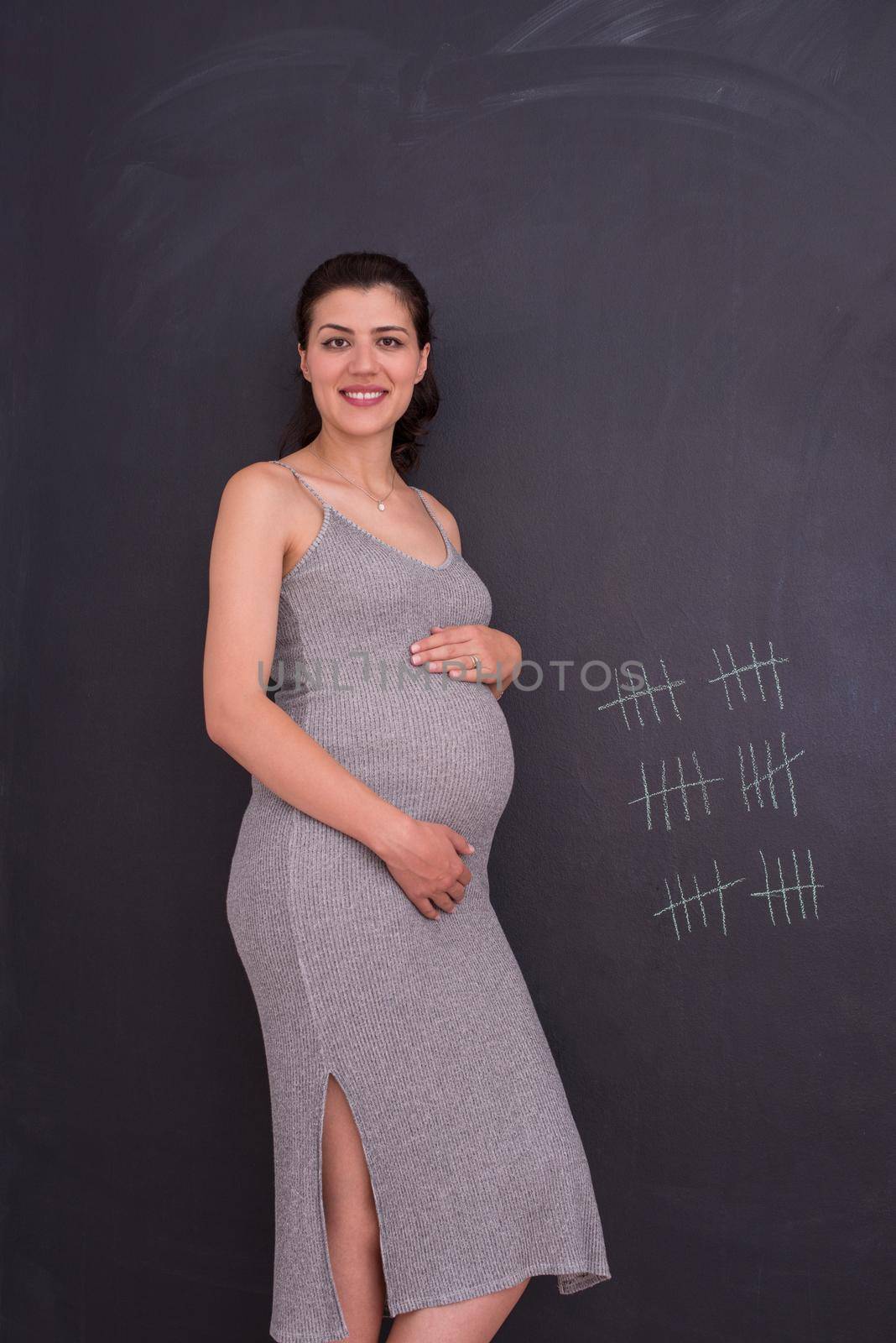 Portrait of happy pregnant woman with hands on belly in front of black chalkboard