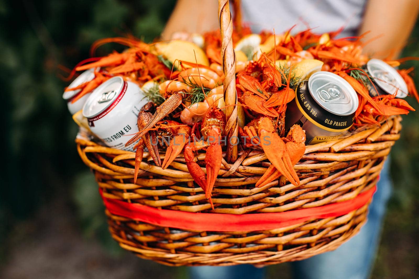 Top view of original edible bouquet with crayfish, dill, lemon, beer for unusual male gift